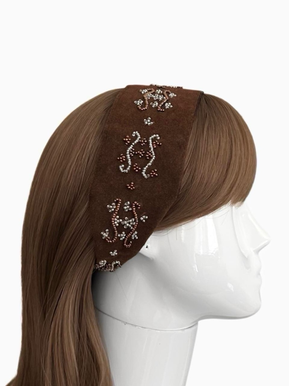 Beaded Embellished Brown Faux Suede Headband Lined With Satin
